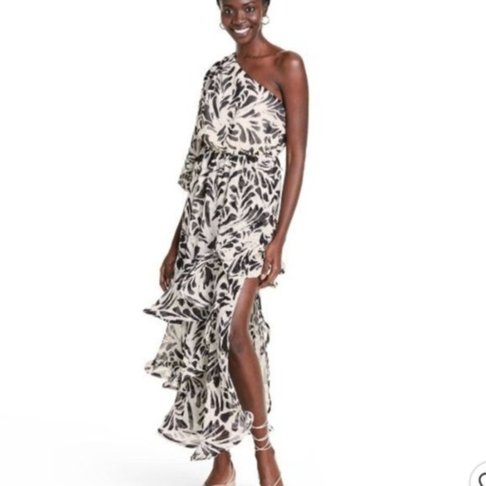 One-Shoulder Black and White Ruffle Maxi Dress